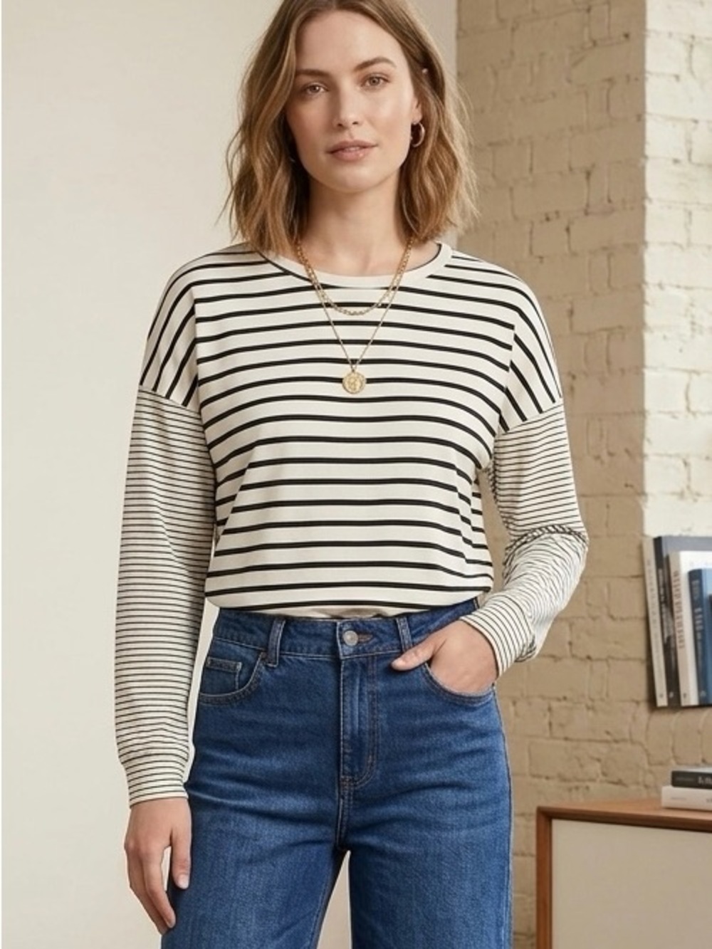 Black and Cream Striped Oversized Sailor Long-Sleeve Crewneck Top Black & Cream